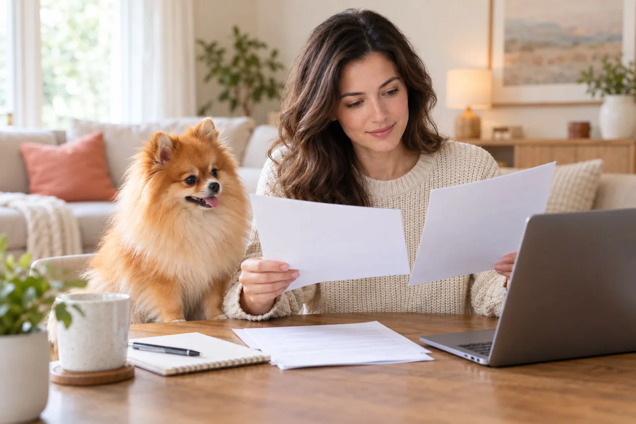 Orange fluffy dog beside its owner comparing papers at a laptop